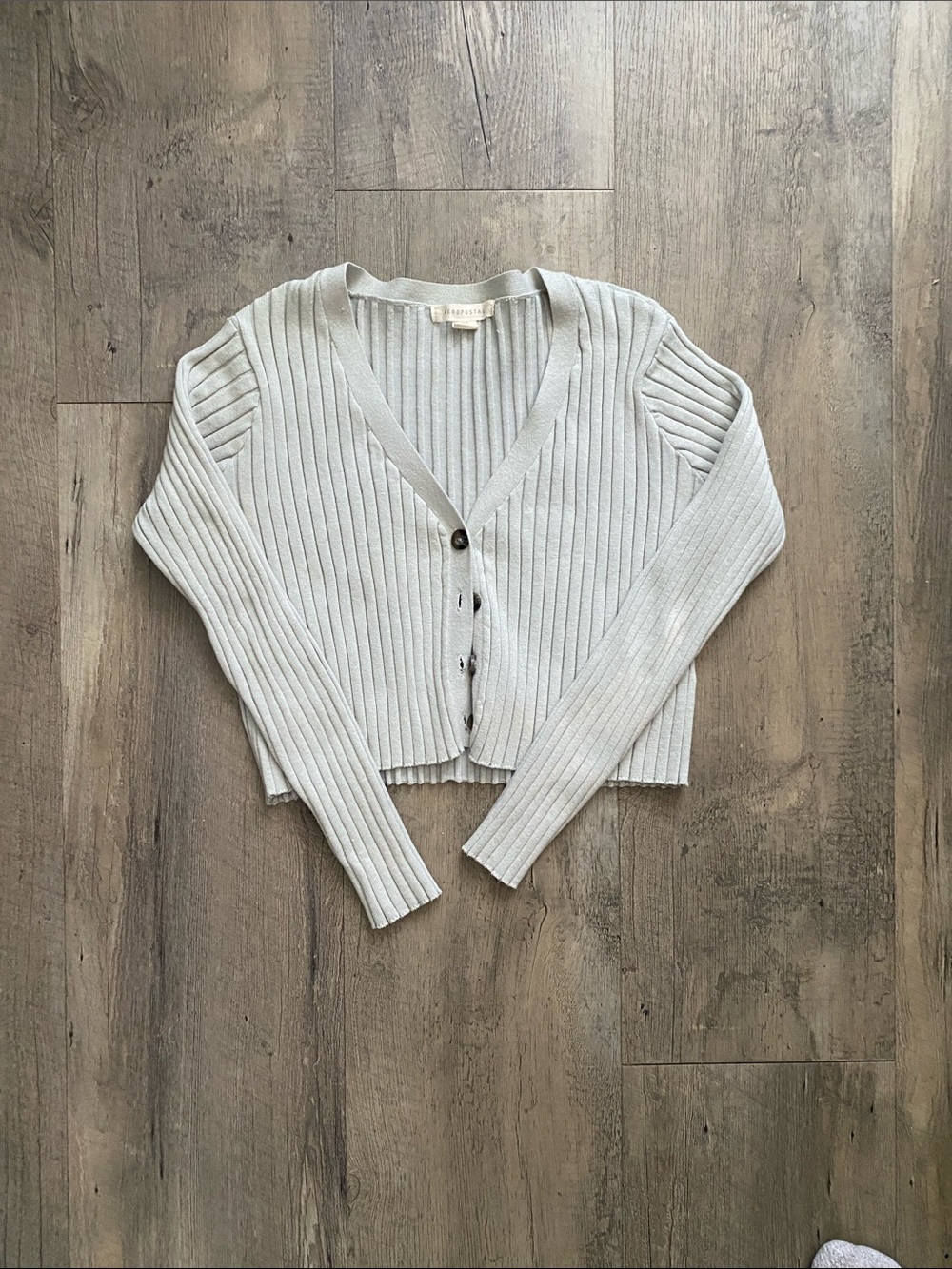 Aeropostale Light Cream Ribbed V-Neck Button Cardigan